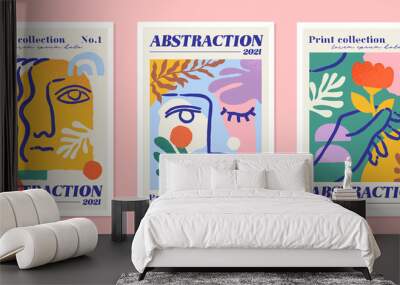 Abstract collection of postcards. Set of posters with geometric shapes, boho style girls faces, flowers. Design elements for site and wall decoration. Modern vector collage isolated on pink background Wall mural