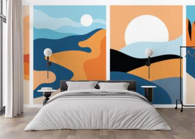 Abstract landscape poster collection. Set of contemporary art print templates. Nature backgrounds. Sunset and sunrize, mountains, rivers and lakes, alien landscapes. Vector illustrations Wall mural