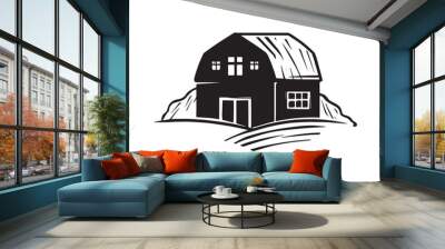 Agriculture and Farming concept. Simple dark sticker with small shed for animals and equipment or farmhouse. Barn on field. Cartoon flat hand drawn vector illustration isolated on white background Wall mural