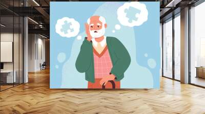 Alzheimer disease concept. Elderly man with partial memory loss and puzzle pieces in speech bubble. Upset Confused Grandpa with Dementia or Parkinson Disease. Cartoon flat vector illustration Wall mural