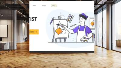 Artist website landing page with man painting on an easel using geometric shapes in a creativity concept with text and copyspace, flat minimal style colored vector illustration Wall mural