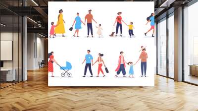 bundle of walking families. collection of mothers, fathers and children spending time together. set  Wall mural