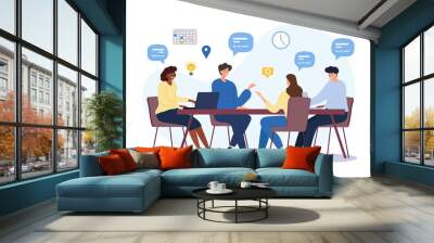 Business communication concept. Group of employees discussing idea at table. Brainstorming and company development, directors council or analytical department. Cartoon flat vector illustration Wall mural