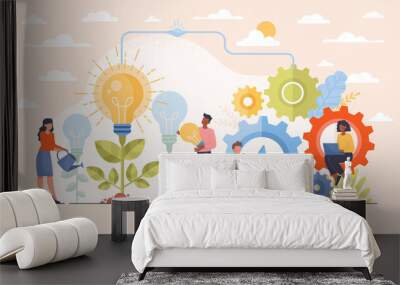 Business people characters are generating and maturing new ideas in the form of a lightbulb. Concept of brainstorming, business teamwork, finding new solutions. Flat cartoon vector illustration Wall mural