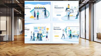 Businesspeople using different Vector business applications and services - Scheduling with calendar and handshake, Research with magnifier, Strategy with chess pieces and Services with chart and gears Wall mural