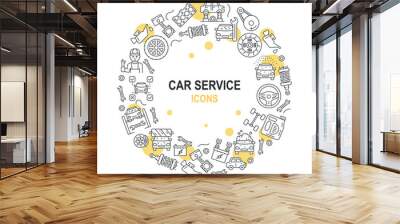 Car service poster. Collection of automobileparts. Transmission and brake, engine. Vehicle modernization and tuning. Advertising banner for car repair shop website. Cartoon flat vector illustration Wall mural