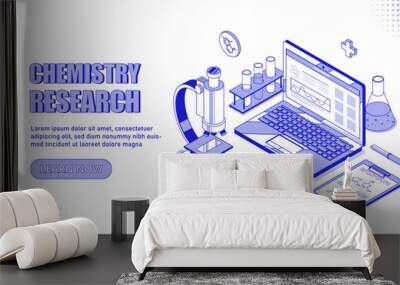 Chemistry research concept. Microscope, magnifying glass and test tubes next to laptop. Scientific experiment in laboratory and study of interaction of reagents. Cartoon isometric vector illustration Wall mural