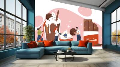 Chocolate desserts concept. Men and girls with sweets. Restaurant menu, elements for website, advertising poster or banner. Sugary drinks, cookies and ice cream. Cartoon flat vector illustration Wall mural