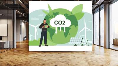 Climate change problem concept. Global warming and CO2 emissions. Young man cares about ecology and environment. Use of alternative natural energy sources. Cartoon modern flat vector illustration Wall mural