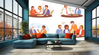 Collection of diverse multiracial happy colleagues eating together. Business team informal meeting after work, talking, celebrating success. Set of flat cartoon vector illustrations isolated on white Wall mural