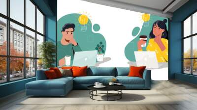 Coming up with ideas concept. Set of creative men and women thinking about new ideas. Light bulb as symbol of inspiration and motivation. Cartoon flat vector collection isolated on white background Wall mural