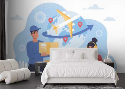 Company purchare materials concept. B2b deals and agreements. Globalization and international trading, logistics. Courier with box near woman with computer. Cartoon flat vector illustration Wall mural