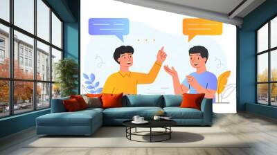 Concept of conversation. Guys have fun talking to each other, friends discuss latest news, students talk about rumors and gossip. Dialogue, team and communication. Cartoon flat vector illustration Wall mural