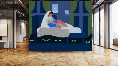 Concept of fear of dark or nightmares. Monsters hiding under bed with woman. Female character with insomnia sitting on bed. Green eyes of ghosts. Cartoon contemporary flat vector illustration Wall mural