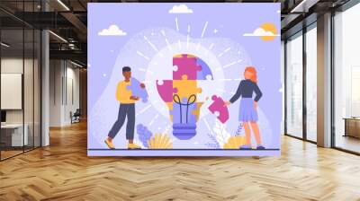 Concept of teamwork. Man and woman assemble light bulb from colorful puzzles. Brainstorm, idea and insight. Collaboration and cooperation, partnership metaphor. Cartoon flat vector illustration Wall mural