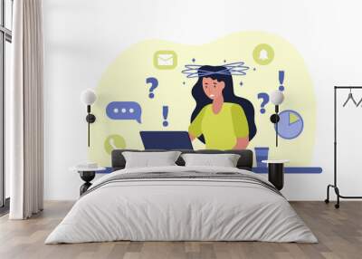 Confused woman concept. Girl sits at laptop, and around question mark. Character tired at work. Problem, mental impasse. Worker needs support. Coworking space. Cartoon flat vector illustration Wall mural