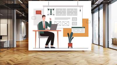 Copywriter with article. Man in suit with laptop writes articles for website. Copywriter and SEO specialist. Remote employee and freelancer. Poster or banner. Flat vector illustration Wall mural