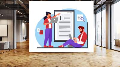 Create content concept. Man and girl developing article. Copywriters and freelancers. Modern technologies and work on Internet, content for websites and pages. Cartoon flat vector illustration Wall mural