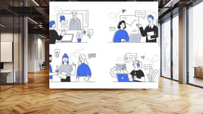 Creative set of outline vector illustrations depicting business people communicating with each other and customers. Simple style vector illustrations isolated on white background, Wall mural