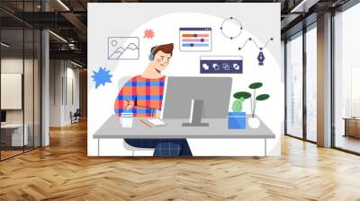 Creator work at home. Remote employee or freelancer at computer. Graphic designer creates elements for website or interface for mobile programs and applications. Cartoon flat vector illustration Wall mural