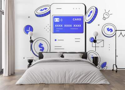 Credit card app simple style design. Banking application digital wallet. Cashless transfers and transactions. Electronic commerce and online shopping. Line art flat vector illustration isolated Wall mural