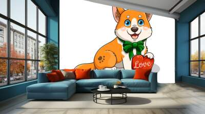 Cute corgi dog holding heart-shaped pillow with Love inscription in its paws. Humor poster, t-shirt composition, hand drawn style print. Flat cartoon vector illustration isolated on white background. Wall mural