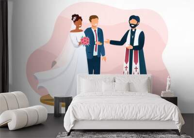 Cute wedding couple and the priest are standing outdoors. Two lovers are about to get married. Smiling priest standing near and reading a prayer. Flat cartoon vector illustration Wall mural