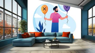 Decision right or wrong. Man stands with two balloons in his hands. Logical thinking and evaluation of options. Character chooses his life path. Poster or banner. Cartoon flat vector illustration Wall mural