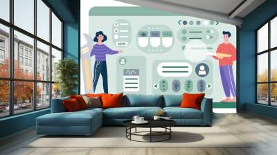 Designers working on ui ux design concept. Male and female programmers develop application or website. Characters create digital product using tools. Cartoon contemporary flat vector illustration Wall mural