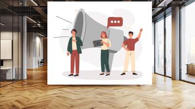 Digital Marketing and Media Concept. Men and women use large loudspeaker, communicate with audience and advertise product or service. Promotion in social networks. Cartoon flat vector illustration Wall mural