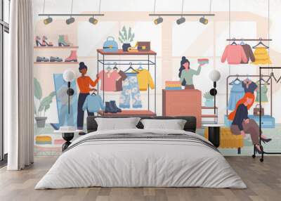 Diverse multiracial people in store choose clothes Wall mural