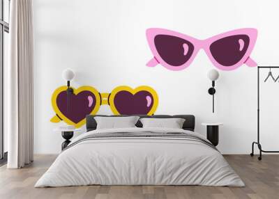 Doll clothes concept. Pink and yellow sunglasses in heart shape. Beauty, elegance and aesthetics. Fantasy and dream. Trendy glasses sticker. Flat vector illustration isolated on white background Wall mural