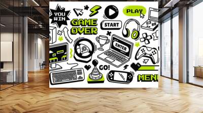 doodle vector set featuring video game elements. gaming controller, retro arcade console, vintage co Wall mural