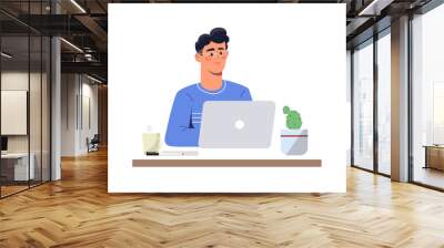 Emotions on face. Male employee performs task and smiles. Quiet working day. Energetic entrepreneur. Efficiency and productivity. Man sitting at table with laptop. Cartoon flat vector illustration Wall mural