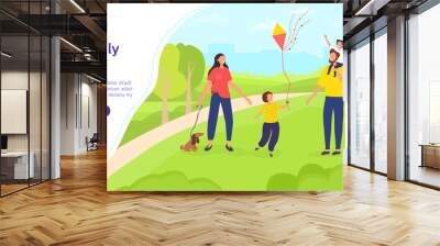 Family day in park illustration concept with full family of mother, father and two children playing in park with kite and walking a dog. Happy and healthy family time poster or site page template Wall mural