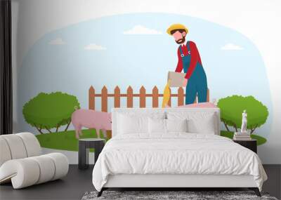 Farmer in blue overall feeding pigs. Male character is making sure animals are safe and fed. Flat vector illustration Wall mural