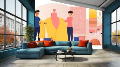 Fashion designer abstract concept. Fashion designers a man and a woman try on a new model of clothing on a mannequin. Flat cartoon vector illustration Wall mural