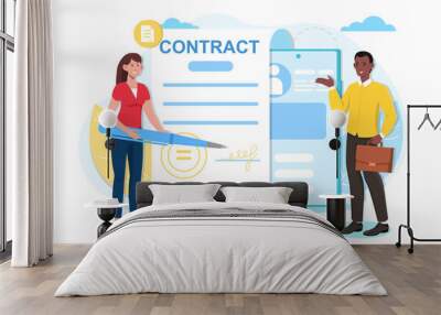 Female character is going to sign contract with a pen. Man is showing his digital profile on a smartphone screen. Woman standing next to document paper. Flat cartoon vector illustration Wall mural