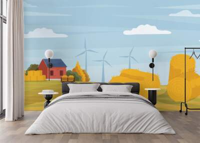 Field landscape concept. Farming and agriculture haystacks on background of houses and windmills, village. Spring and summer season. Poster or banner for website. Cartoon flat vector illustration Wall mural