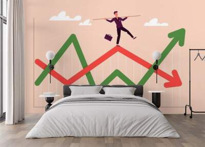 Financial investment volatility, up and down arrows profit graph due to Coronavirus crisis, businessman trying to balance like a tightrope walker so that volatility does not gobble up his investments Wall mural