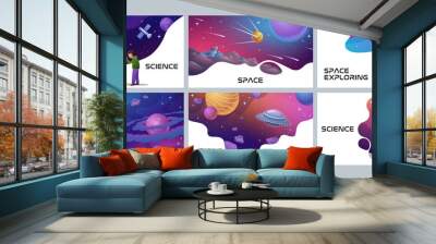 Four colorful Space and Science poster designs showing an astronomer, spaceman rocket, planets, satellite and lunar landing, vector illustration Wall mural