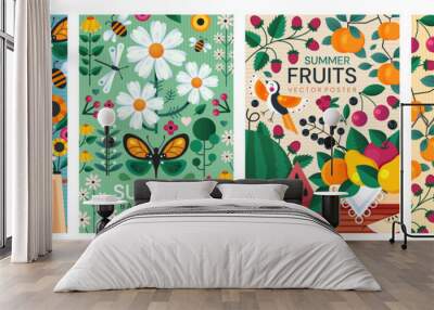 Four different colorful summer poster designs with garden flowers, insects and healthy fresh seasonal fruit, colored vector illustration Wall mural