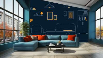 Furniture for living room dark. Sofa, lamp and bookcase, caprtina. Minimalist creativity and art. Line interior and decoration for apartment. Cartoon flat vector illustration Wall mural