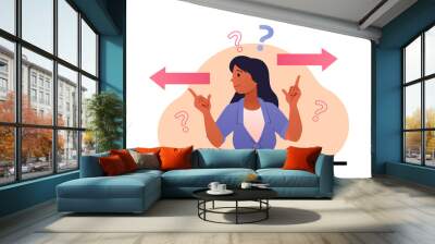 Girl chooses path. Character makes decision, woman evaluated of options. Mental dead lock and questions, prioritization. Thoughtful confused person, uncertainty. Cartoon flat vector illustration Wall mural