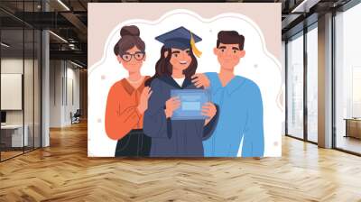 Graduation student concept. Girl in cap with diploma next to her father and mother. Young specialist graduated from university. Education and learning, training. Cartoon flat vector illustration Wall mural