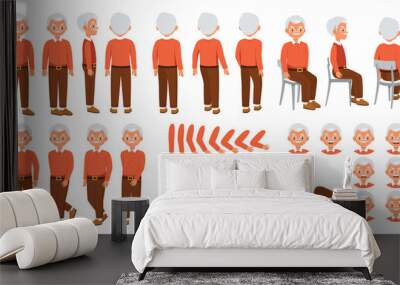 Grandpa character constructor for animation. Stylish retired elderly man in red shirt and glasses. Set of elements of arms, legs, emotions. Cartoon flat vector collection isolated on white background Wall mural