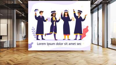 Group of diverse academic friends graduating together in their gowns and mortarboard hats celebrating and laughing in an education concept, colored vector illustration Wall mural