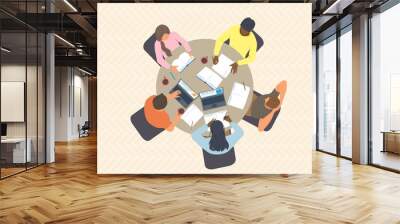 Group of diverse students are sitting at the table and studying. Top view. Flat cartoon vector illustration Wall mural