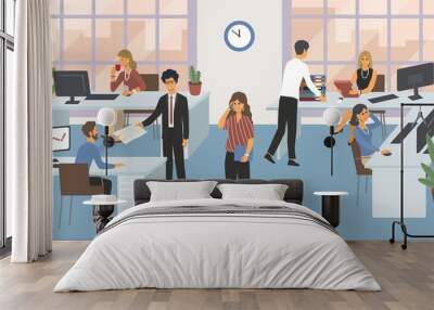 Group of office workers sitting at desks and communicating with the customers and talking to each other. Business conversations between colleagues at the workplace. Flat cartoon vector illustration. Wall mural