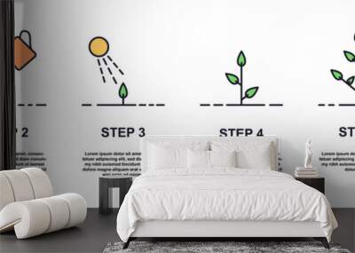 Growing plant stages concept. Seeds, watering step, sprout and flower, grown plant. House or outdor plant. Care for fruit bushes and flowers. Flat line art infographic isolated on white background Wall mural